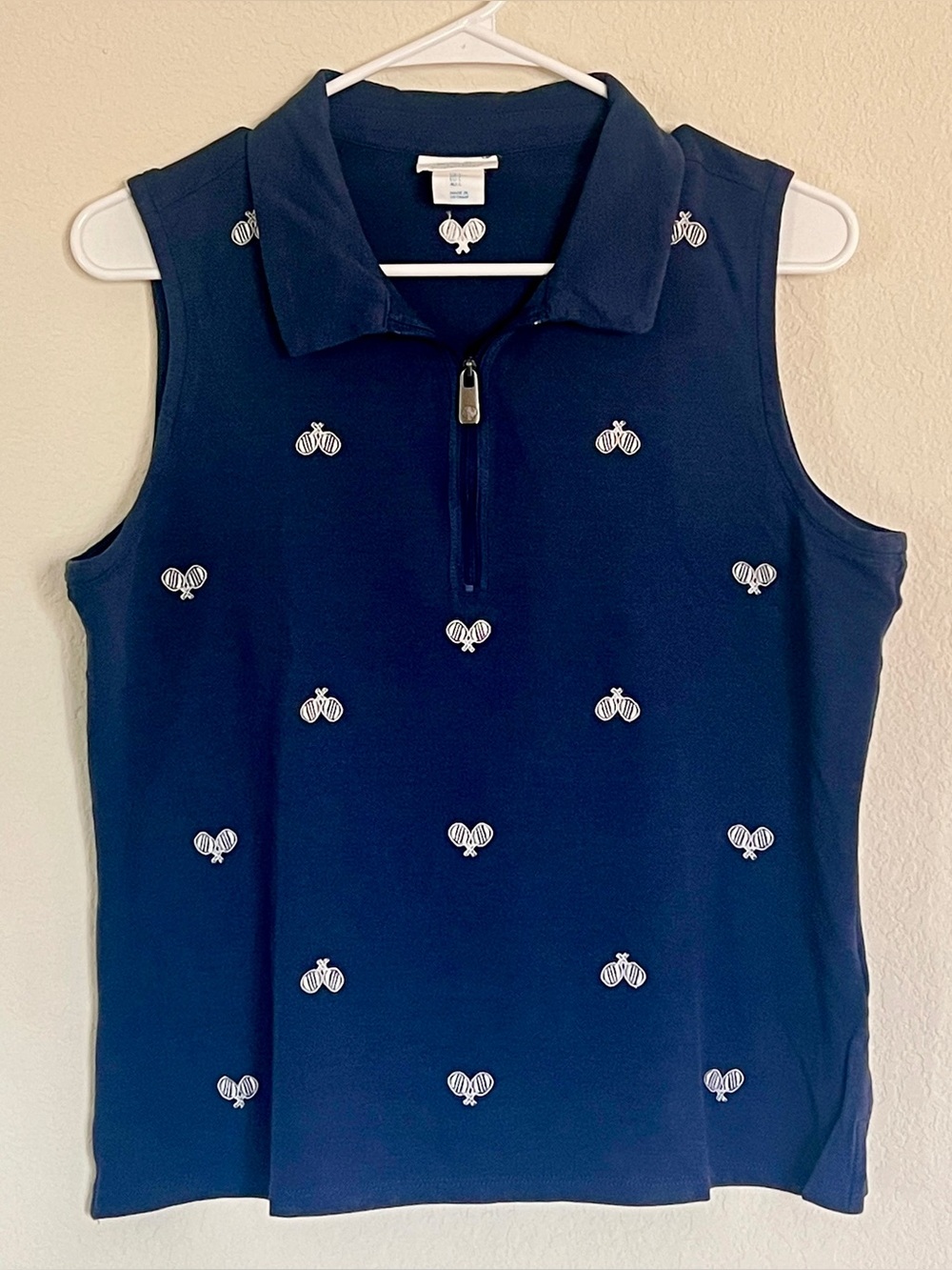 Sigrid Olsen Navy Blue Tennis Pickleball  Embroidered Sleeveless Polo Tank Top